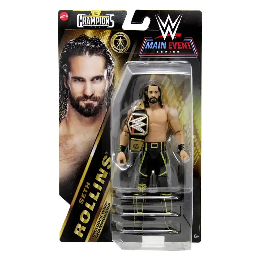 WWE Main Event Series Seth Rollins figure appears in branded retail packaging, showing the posed action figure and championship belt inside a clear plastic window with bold graphics and gold accents.