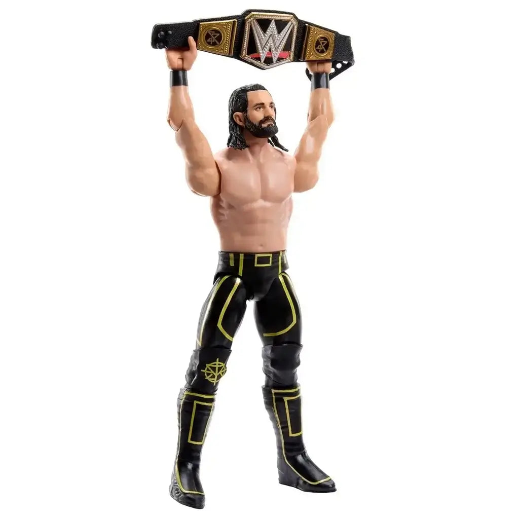 WWE action figure of Seth Rollins in black-and-gold gear lifts a detailed championship belt overhead, showing smooth plastic texture, articulated limbs, and bold sculpting on a white background.