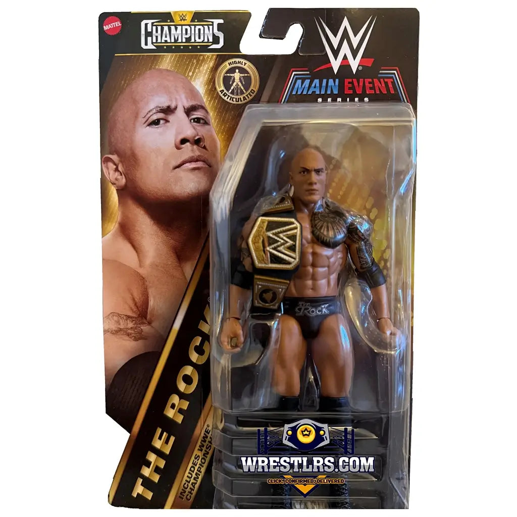 WWE Main Event Series The Rock figure appears in retail packaging, showing the action figure posed with a gold-trimmed championship belt inside a clear display window against bold branded card art.