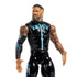 WWE Jey Uso wrestling figure close-up showing black textured vest with blue accents, detailed facial sculpt with beard and short hair, brown skin tone, tattooed arms, and articulated joints for realistic display and play.
