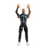 WWE Jey Uso poseable action figure with raised arms, black shiny pants, blue graphic details, molded tattoos, and white boots, demonstrating articulation for signature wrestling poses against a plain white backdrop.