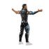 WWE Jey Uso action figure rear angled view highlighting black glossy pants, sleeveless vest with blue design on the back, detailed arm tattoos, long hair sculpt, and flexible joints designed for dynamic wrestling poses.