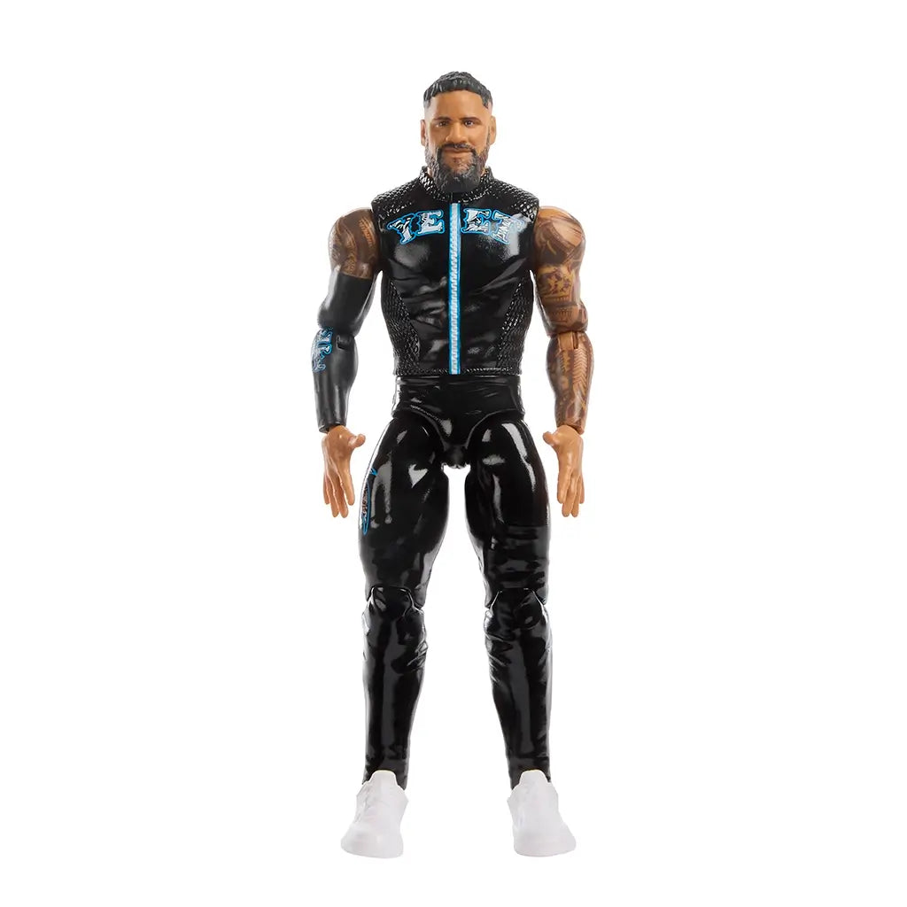 WWE Jey Uso action figure featuring black glossy plastic pants, sleeveless black vest with blue lettering, muscular build, tattooed arms, and white boots, designed as a 6-inch poseable wrestling figure on a clean white background.