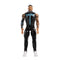 WWE Jey Uso action figure featuring black glossy plastic pants, sleeveless black vest with blue lettering, muscular build, tattooed arms, and white boots, designed as a 6-inch poseable wrestling figure on a clean white background.