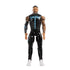 WWE Jey Uso action figure featuring black glossy plastic pants, sleeveless black vest with blue lettering, muscular build, tattooed arms, and white boots, designed as a 6-inch poseable wrestling figure on a clean white background.
