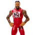 Close-up of WWE Main Event Series Jimmy Uso action figure highlighting facial sculpt, braided hair, beard, detailed arm tattoos, and red “NOT” chest design on a white background.
