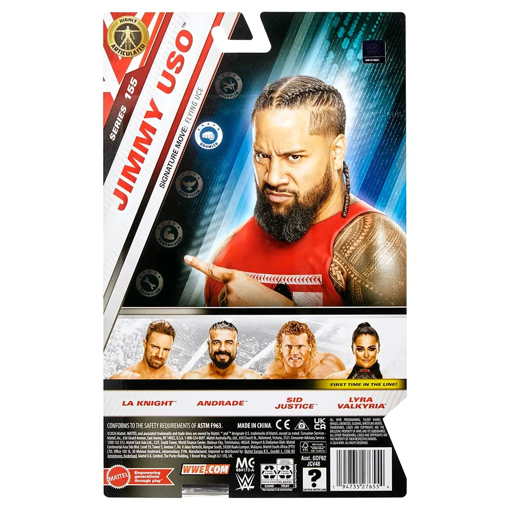 Back of WWE Main Event Series Jimmy Uso action figure packaging featuring character photo, series lineup, safety information, and WWE branding.