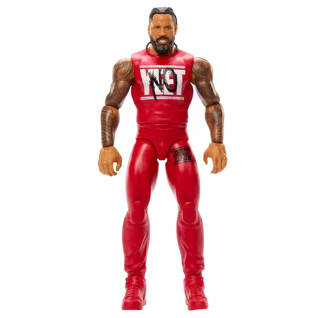 WWE Main Event Series Jimmy Uso wrestling figure wearing a red sleeveless “NOT” top and matching red pants, featuring detailed arm tattoos, sculpted muscular build, and red boots, photographed on a clean white background.
