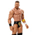WWE Main Event Series LA Knight wrestling figure close-up showing tan plastic muscular build, defined chest and abs, short brown molded hair, trimmed beard, black trunks with gold logo, wristbands, and confident expression on a white background.