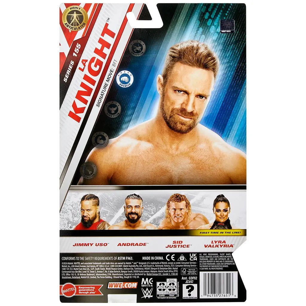 WWE Main Event Series LA Knight wrestling figure packaging back featuring blue and silver printed card with wrestler portrait, series branding, safety information, lineup images, Mattel logos, and WWE trademarks for retail display.