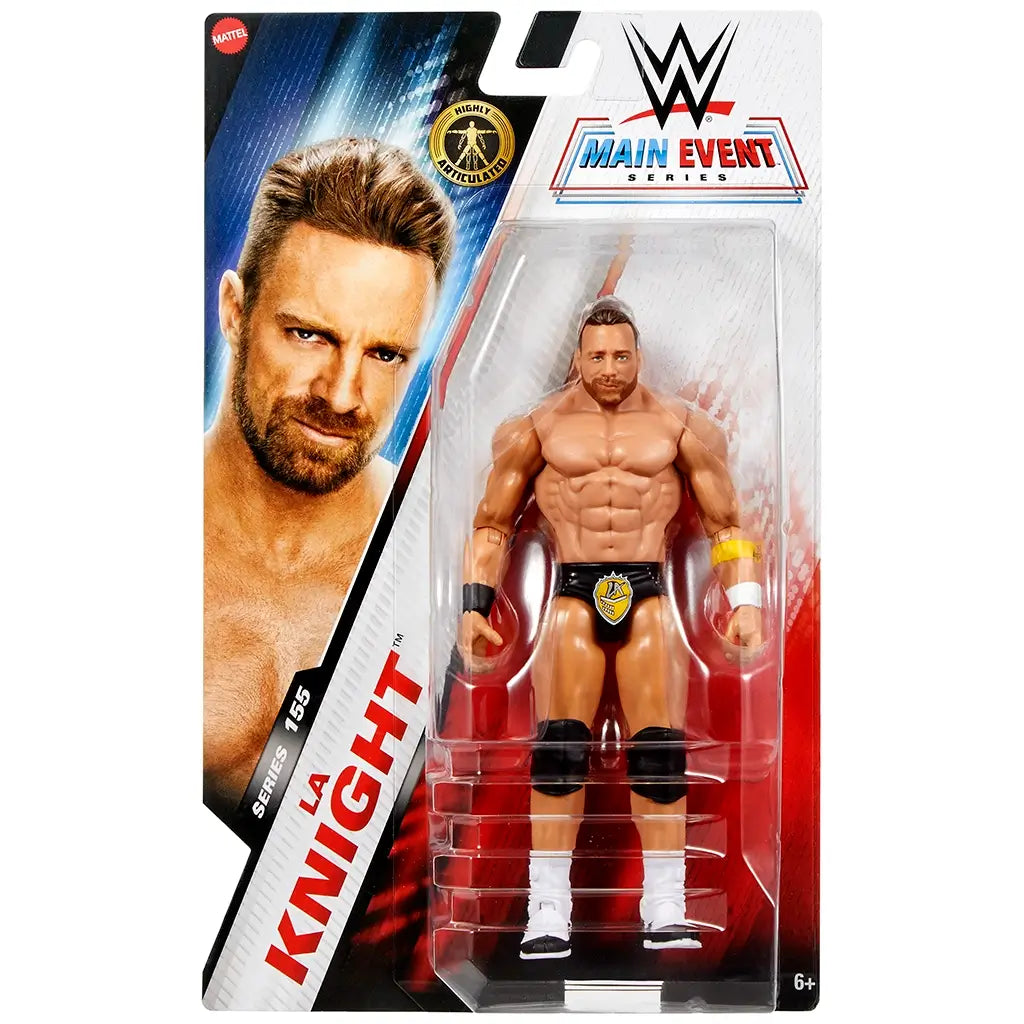 WWE Main Event Series LA Knight wrestling figure packaging front displaying white, red, and blue card with clear plastic bubble, figure inside wearing black and gold trunks, WWE Main Event branding, age rating, and character artwork.