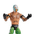 WWE Rey Mysterio wrestling figure close-up showing silver and teal mask with eye cutouts, detailed chest tattoos, tan plastic finish, black gloves, and articulated shoulders and elbows for realistic display and play.