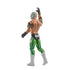 WWE Rey Mysterio action figure rear angled view highlighting intricate back tattoos, green textured tights with white accents, black gloves, white boots, and articulated joints designed for expressive wrestling poses.