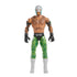WWE Rey Mysterio action figure featuring tan plastic skin tone, silver and teal lucha mask, tattooed chest and arms, green patterned tights, black gloves, and white boots, designed as a 6-inch poseable wrestling figure on white.