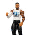 WWE Jey Uso action figure close-up with medium tan glossy plastic skin, detailed bearded face sculpt and tattooed arms, muscular torso shape, white YEET shirt and black pants, highlighting collectible wrestling toy detail on white.