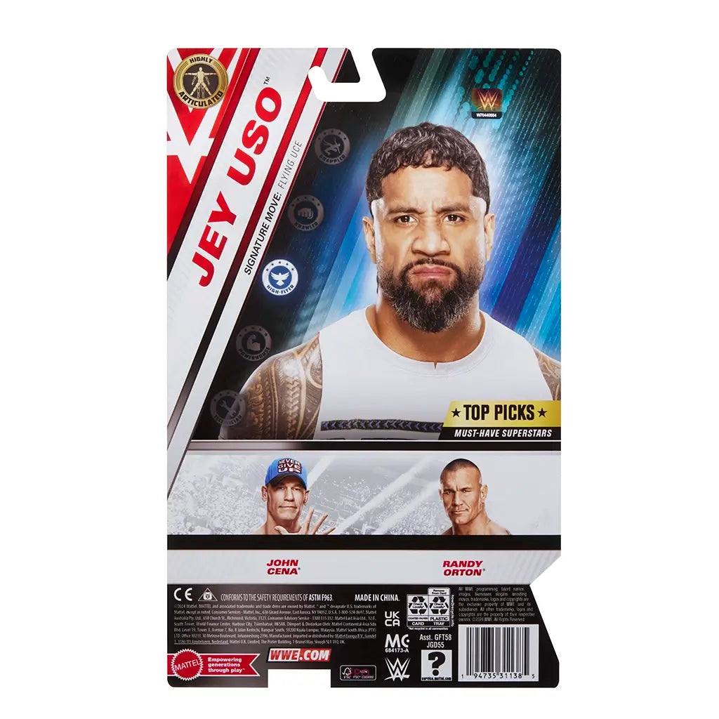 WWE Jey Uso action figure package back with multicolor printed cardboard material, smooth coated texture, rectangular retail card shape, displaying product photos, branding, and safety information on a white studio background.