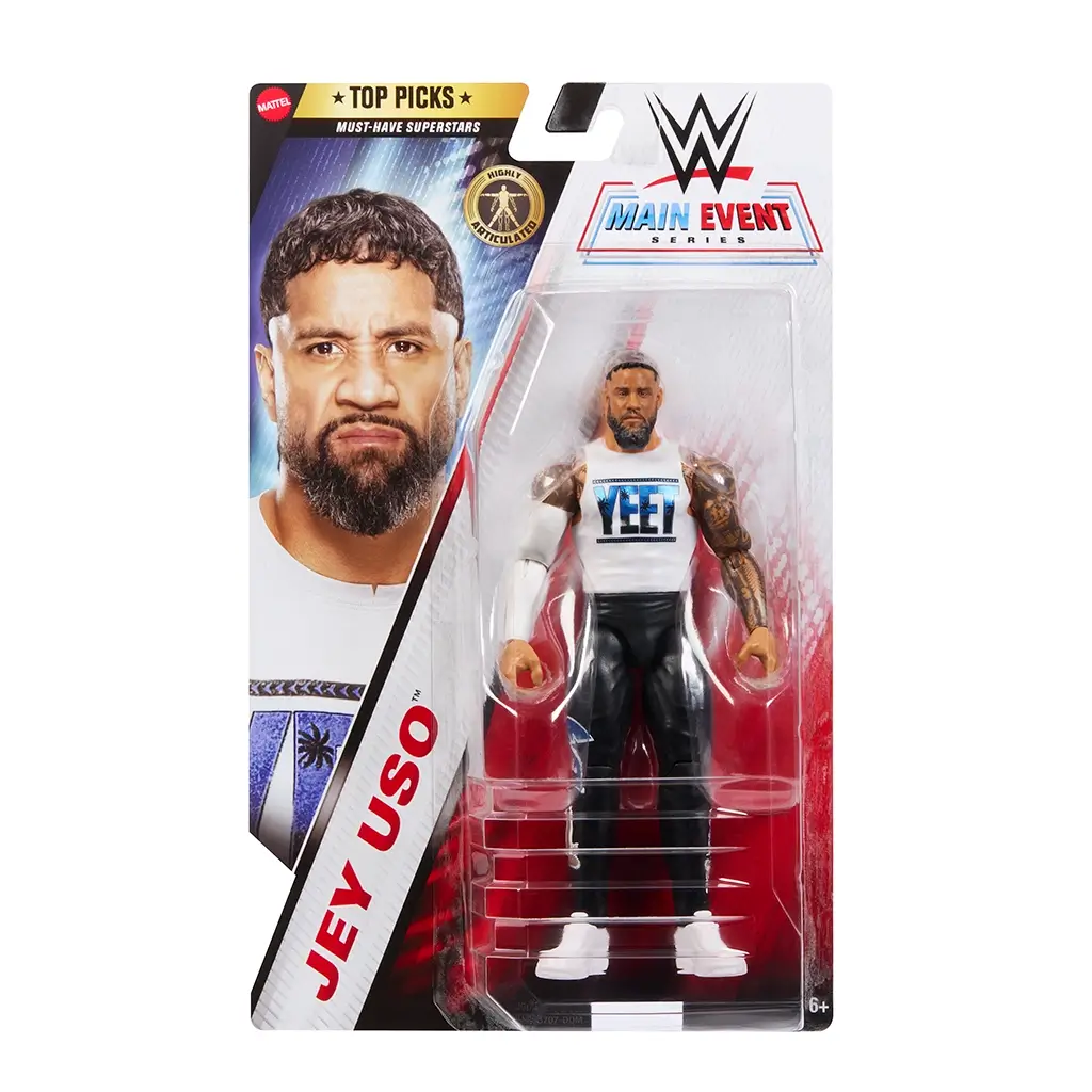 WWE Jey Uso Main Event Series package front with red blue and black graphics, clear plastic blister and cardboard backing, upright retail display format, presenting the 6-inch wrestling figure on a clean white background.