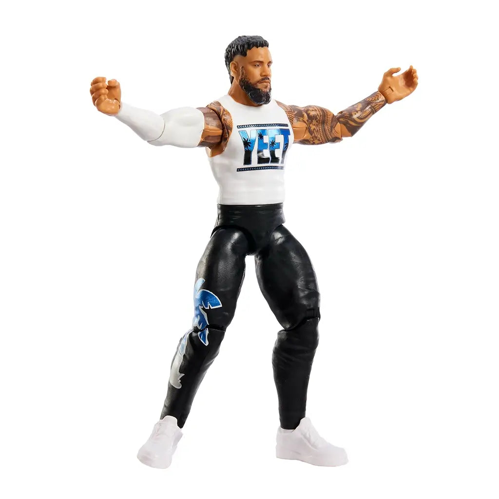 WWE Jey Uso poseable action figure with medium tan glossy plastic finish, articulated muscular build, white YEET tank top, black pants and white shoes, designed for dynamic wrestling poses against a plain white backdrop.