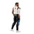WWE Jey Uso action figure rear angled view with medium tan glossy plastic surface, sculpted back and tattoo details, articulated limbs and black pants, emphasizing poseability on a clean white studio background.