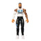 WWE Jey Uso action figure with medium tan skin tone, glossy molded plastic surface, muscular athletic body form, white YEET tank top, black pants and sneakers, built for poseable wrestling play on a clean white background.