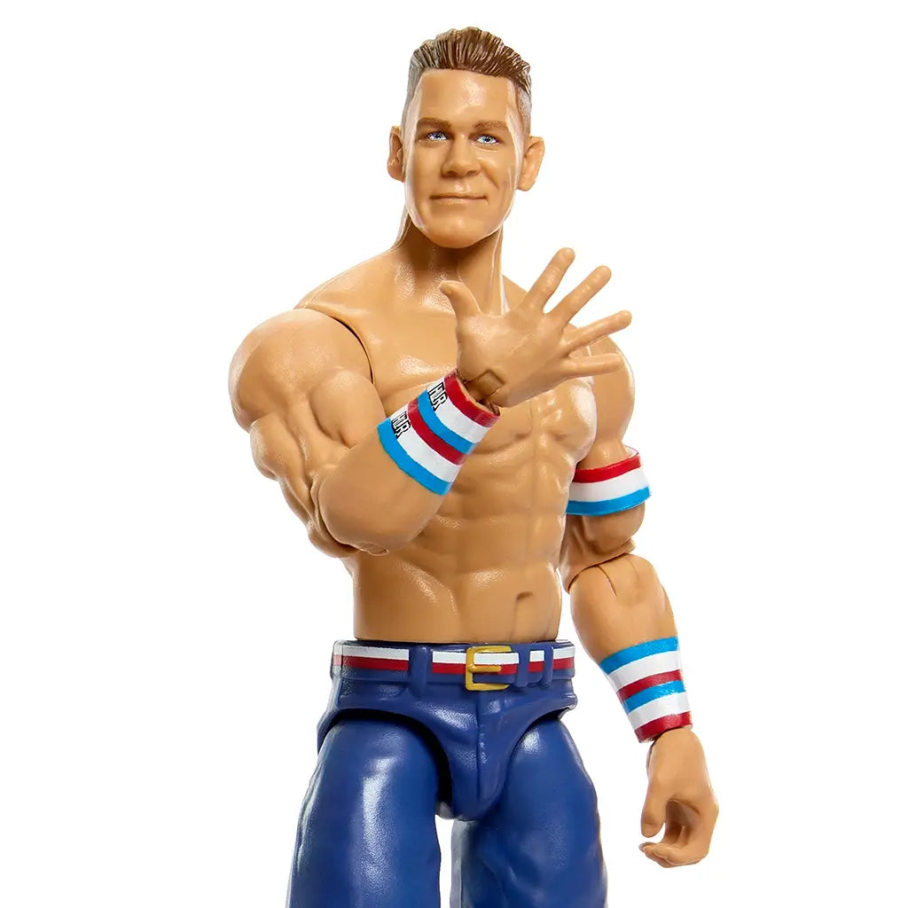 WWE John Cena action figure close-up with tan glossy plastic skin, smooth sculpted facial features and torso, athletic muscular proportions, signature wristbands and belt, highlighting collectible wrestling toy detail on a white background.