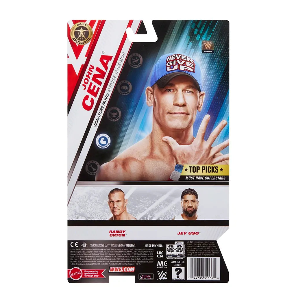 WWE John Cena action figure package back with multicolor printed cardboard material, smooth coated texture, rectangular retail card shape, showing product images, logos, and information for collectors against a white background.