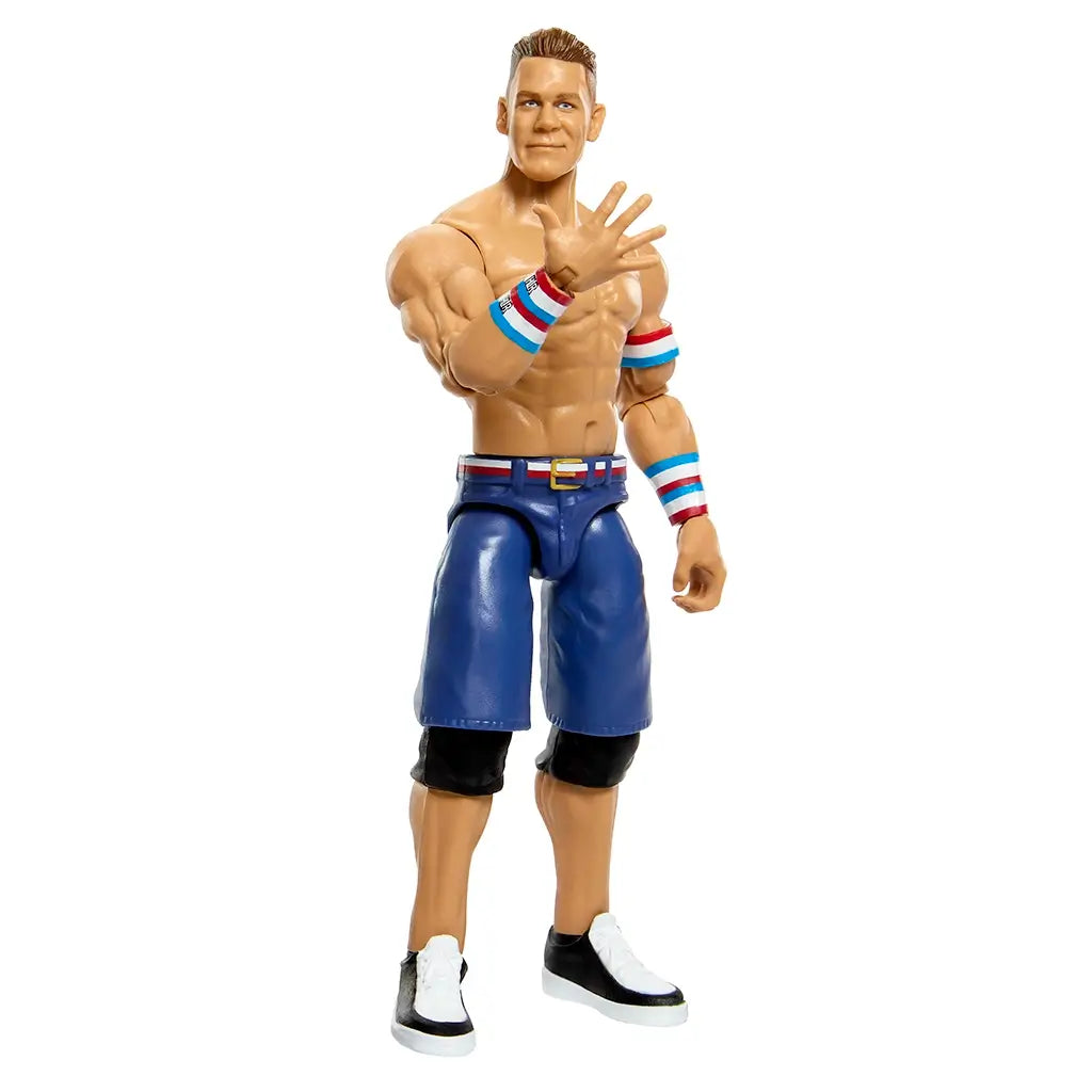 WWE John Cena poseable action figure with tan glossy plastic finish, articulated muscular body shape, red white and blue wristbands and blue shorts, created for dynamic wrestling poses on a plain white background.