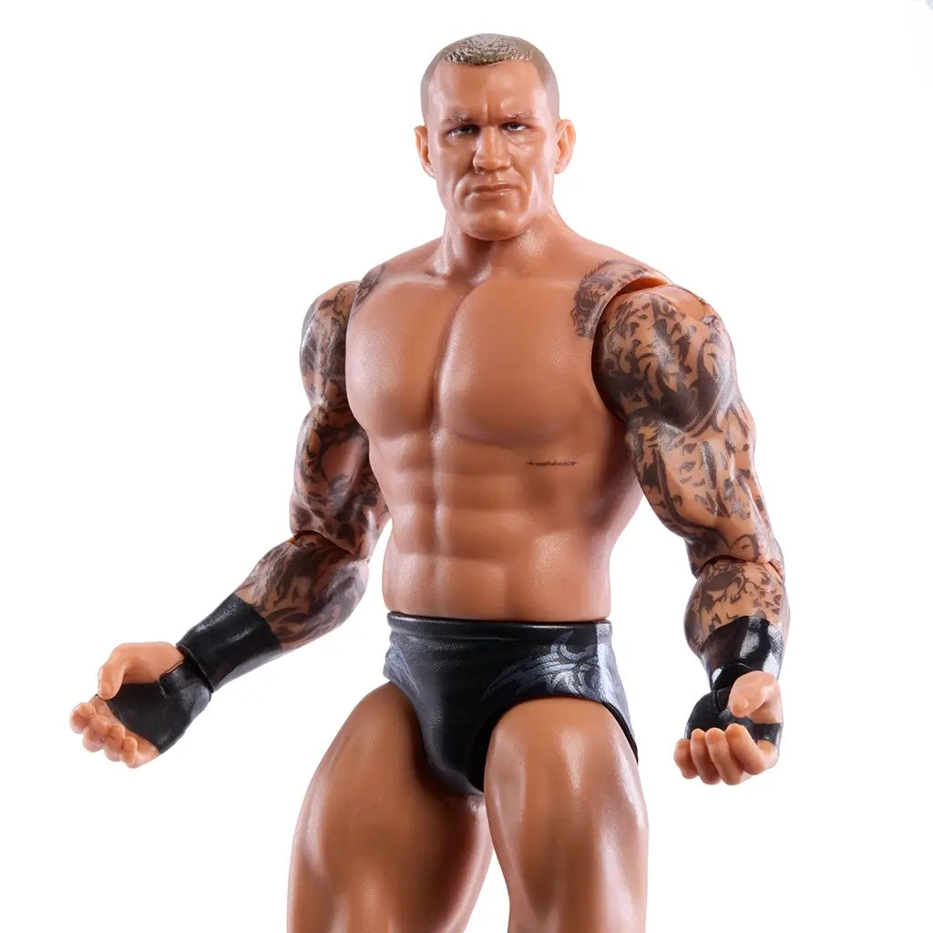 WWE Randy Orton wrestling figure close-up showing detailed facial sculpt with short hair, intense expression, defined chest and abs, intricate arm tattoos, black wrist tape, and articulated shoulders for realistic display and play.
