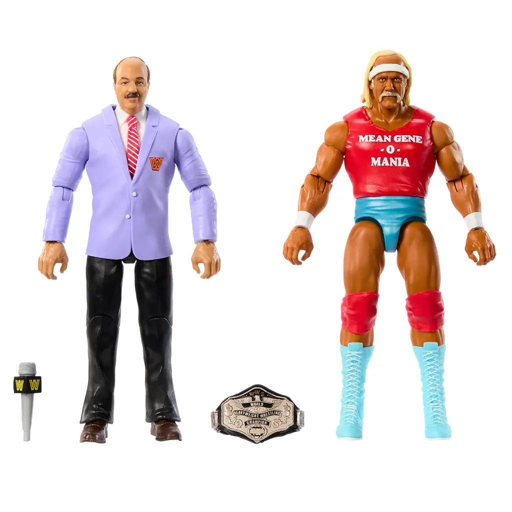 WWE Main Event Showdown toy set shows Hulk Hogan in red top with blue trunks and boots standing beside Mean Gene Okerlund in lavender suit, with microphone and championship belt.