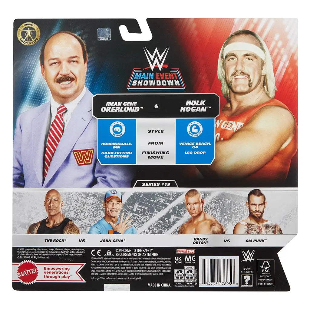 Back of Mattel WWE Main Event Showdown packaging displaying portraits of Hulk Hogan and Mean Gene Okerlund with series details and other wrestlers like The Rock, John Cena, and CM Punk.