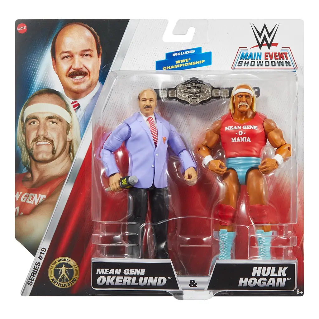 Front of Mattel WWE Main Event Showdown packaging featuring Hulk Hogan in red and turquoise attire with Mean Gene Okerlund in a purple suit, including championship belt accessory.