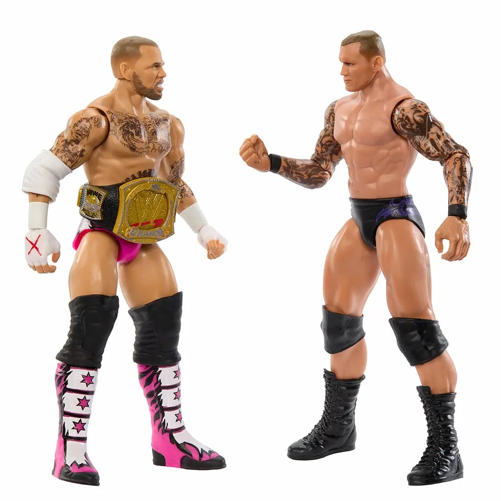 WWE action figures of CM Punk in pink trunks with championship belt and Randy Orton in black trunks face off, showing tattoo details and ring-ready poses on white background.