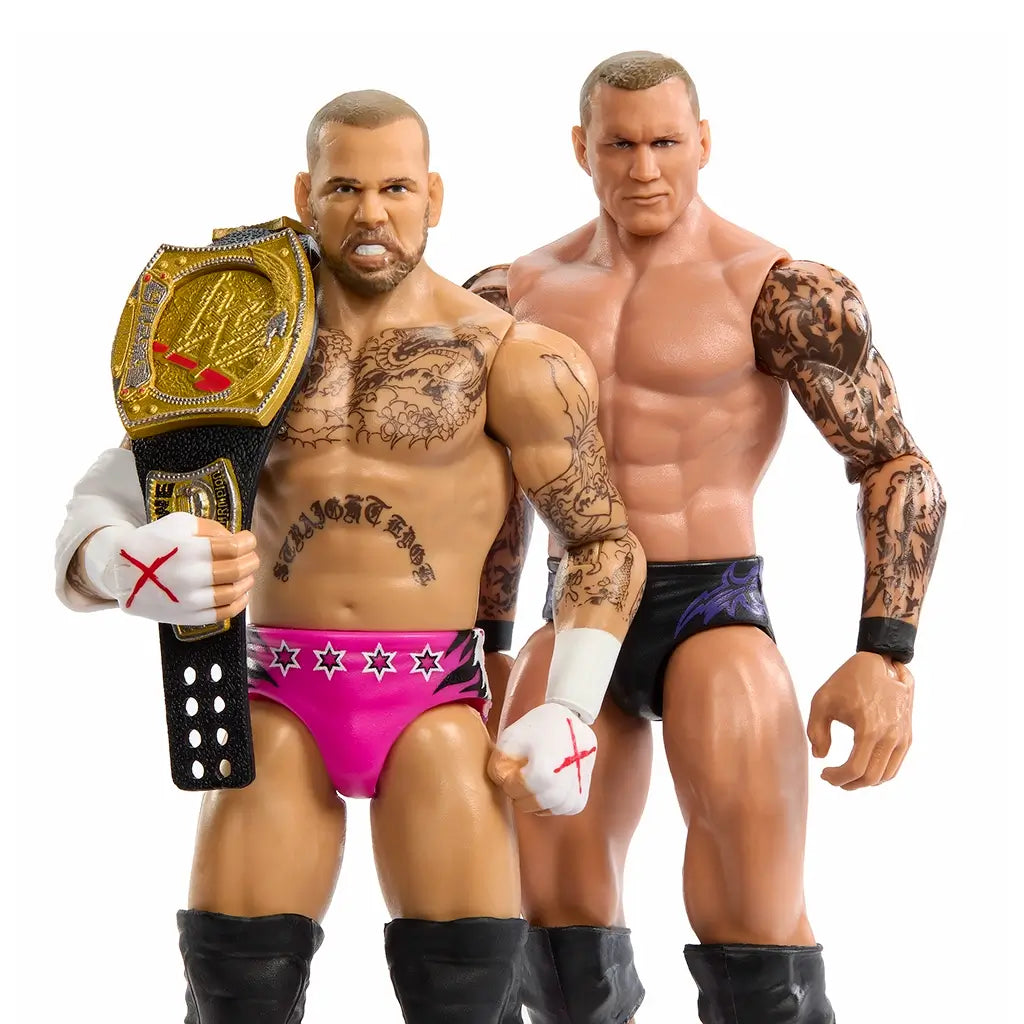 Close-up WWE CM Punk and Randy Orton figures with detailed tattoos, Punk holding golden championship belt, both posed to highlight muscular builds and realistic likeness.