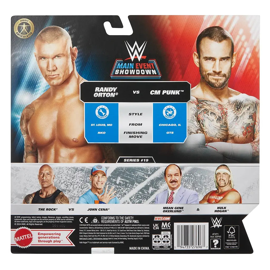 Back of Mattel WWE Main Event Showdown packaging shows Randy Orton vs CM Punk stats, portraits, and series lineup with The Rock, John Cena, Mean Gene, and Hulk Hogan.