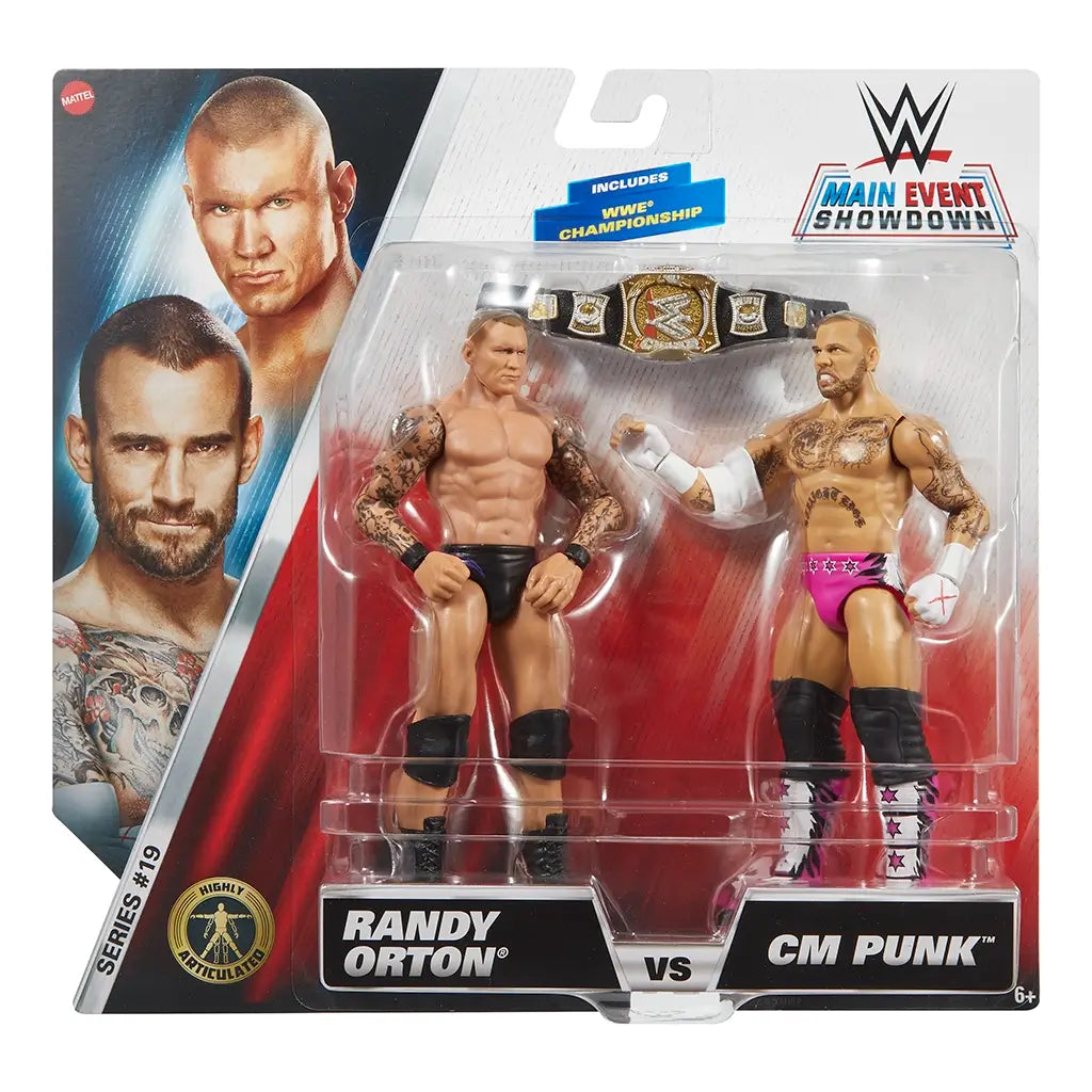 Mattel WWE Main Event Showdown Series 19 packaging featuring Randy Orton vs CM Punk action figures, includes detailed championship belt accessory in clear display box.