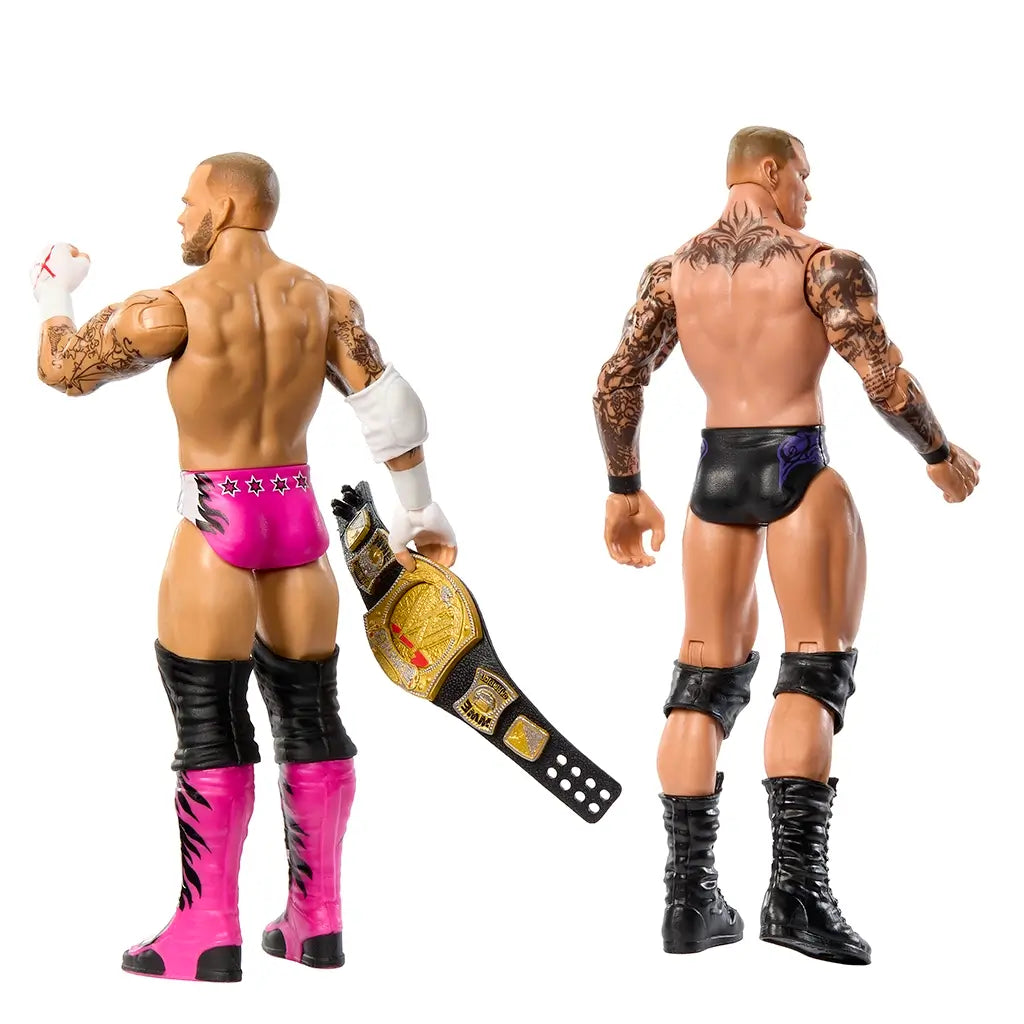 Rear view of WWE CM Punk and Randy Orton action figures highlights tattoo designs, detailed boots, and Punk holding golden championship belt accessory in angled pose.