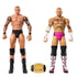 WWE CM Punk and Randy Orton figures displayed upright with championship belt accessory placed between them, showcasing detailed boots, trunks, and arm tattoos.