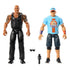 WWE action figures of The Rock and John Cena shown outside the box with included accessories, featuring a black microphone and sunglasses for roleplay wrestling battles.