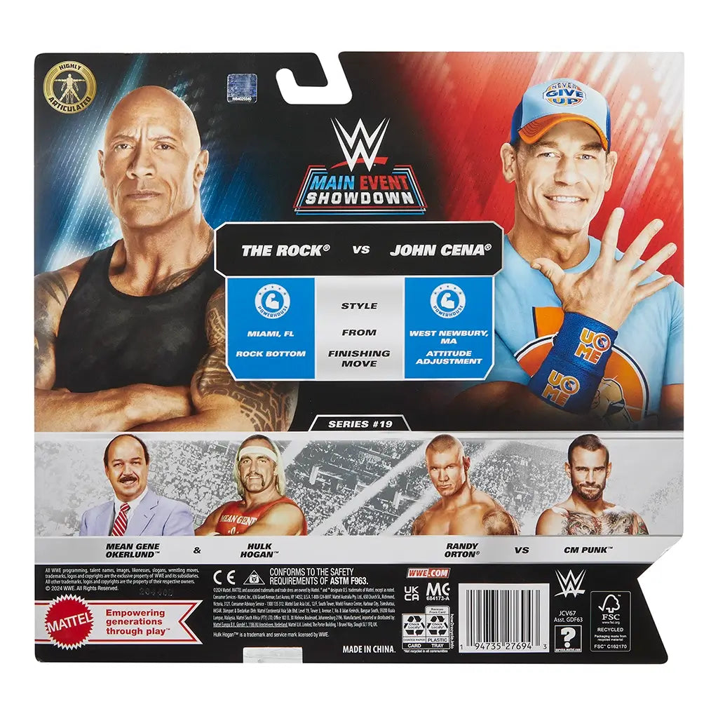 Back of WWE Main Event Showdown pack showing The Rock vs John Cena matchup details, wrestler hometowns, finishing moves, and images of additional WWE superstars in the series.