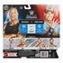 Back of WWE Main Event Showdown pack showing The Rock vs John Cena matchup details, wrestler hometowns, finishing moves, and images of additional WWE superstars in the series.