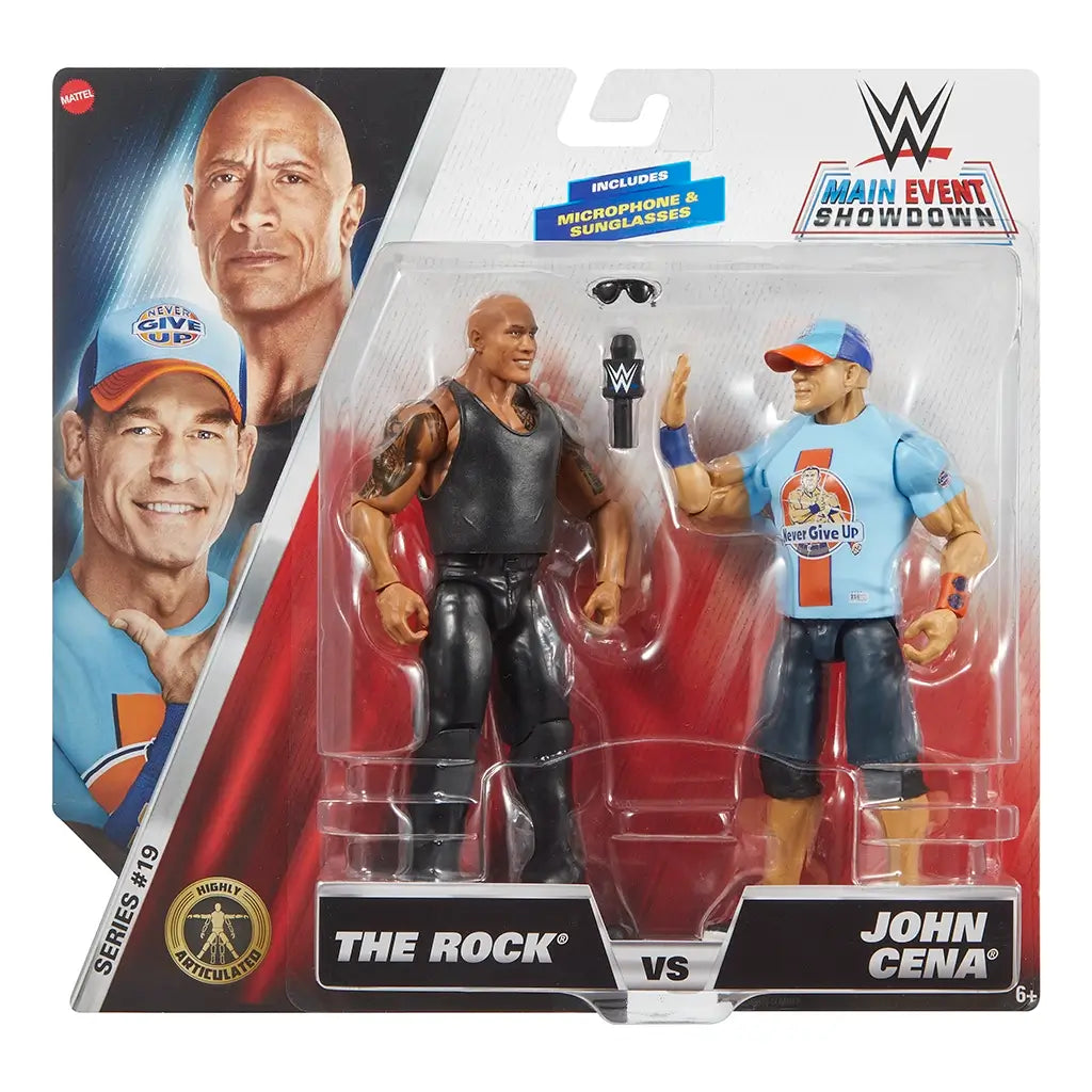 WWE Main Event Showdown action figure pack featuring The Rock and John Cena with accessories, displayed in retail packaging with bold graphics and portraits of both wrestlers.