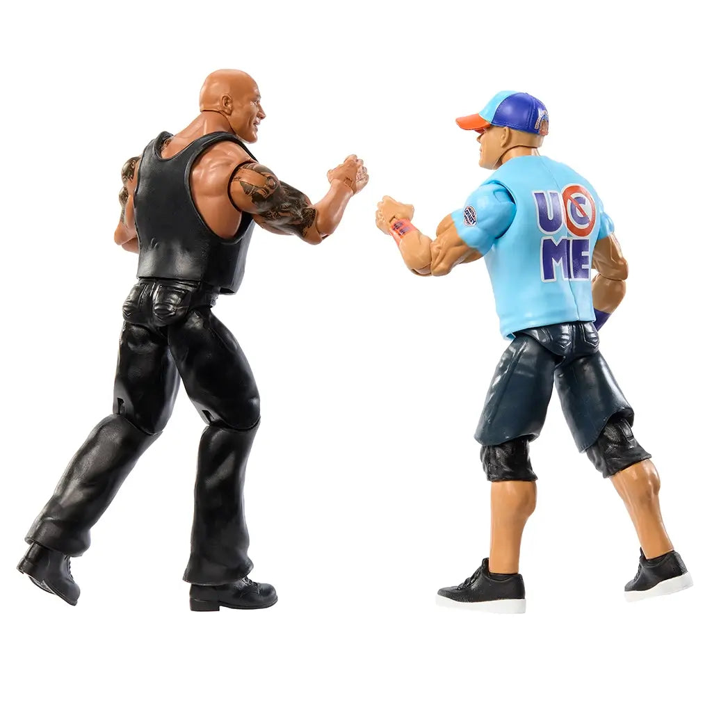 Rear side view of WWE Main Event Showdown figures The Rock and John Cena facing each other, emphasizing realistic attire, sculpted muscles, and dynamic play-ready design.