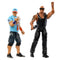 WWE action figure set with John Cena and The Rock posed separately, one holding a microphone and wearing sunglasses, highlighting detailed sculpting and articulation points.