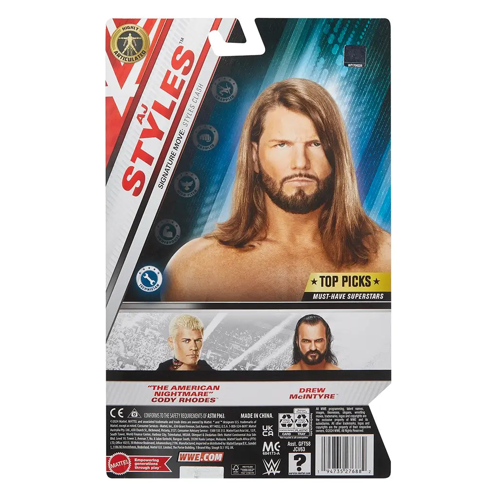 Back of WWE Top Picks Main Event Series AJ Styles action figure packaging with wrestler portrait, stats, and lineup details of featured superstars.
