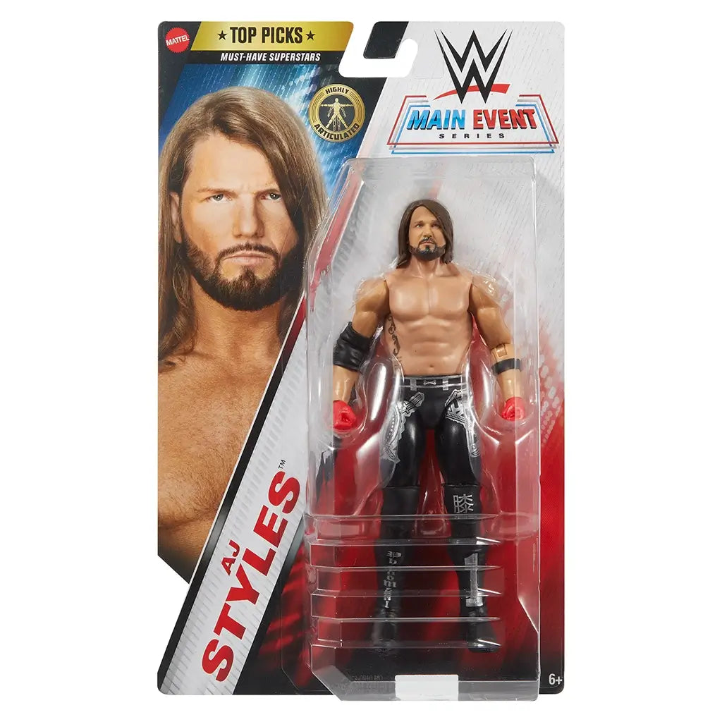 Front packaging of WWE Top Picks Main Event Series AJ Styles action figure, featuring large wrestler portrait and clear blister pack showcasing figure.