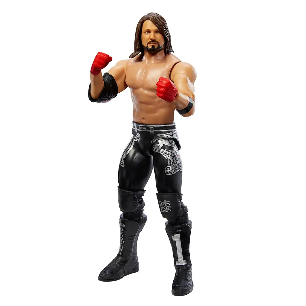 Mattel WWE AJ Styles action figure standing in black wrestling gear with silver accents, red gloves, and detailed sculpt capturing his likeness.