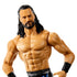 Close-up of Drew McIntyre WWE action figure showcasing detailed facial features, beard, long black hair, and muscular chest with black wristbands.