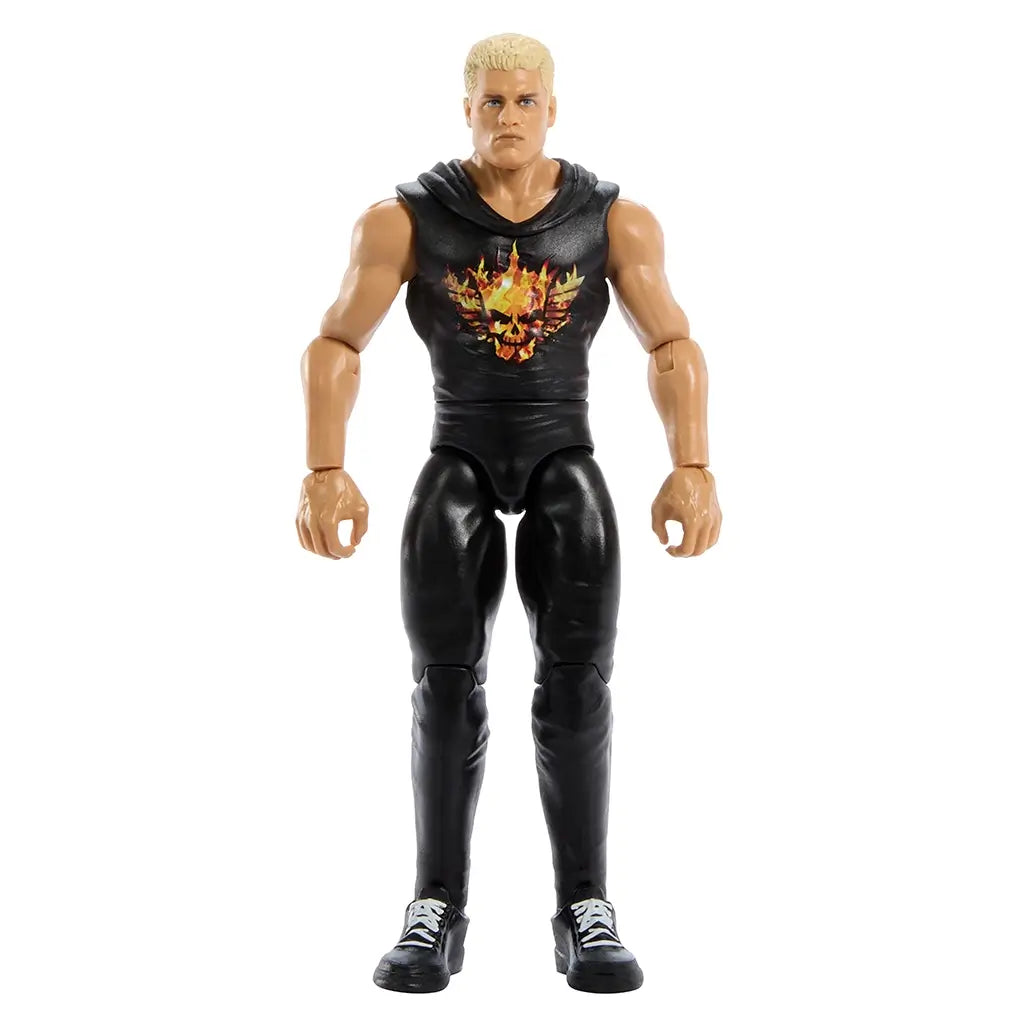 Full front view of WWE Cody Rhodes collectible figure in black sleeveless hoodie with flaming skull emblem, black pants, and black sneakers on a plain white backdrop.
