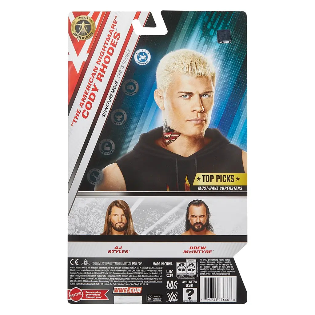 Back of WWE Cody Rhodes action figure packaging showing portrait artwork, product details, AJ Styles and Drew McIntyre images, and “Top Picks” must-have superstar branding.