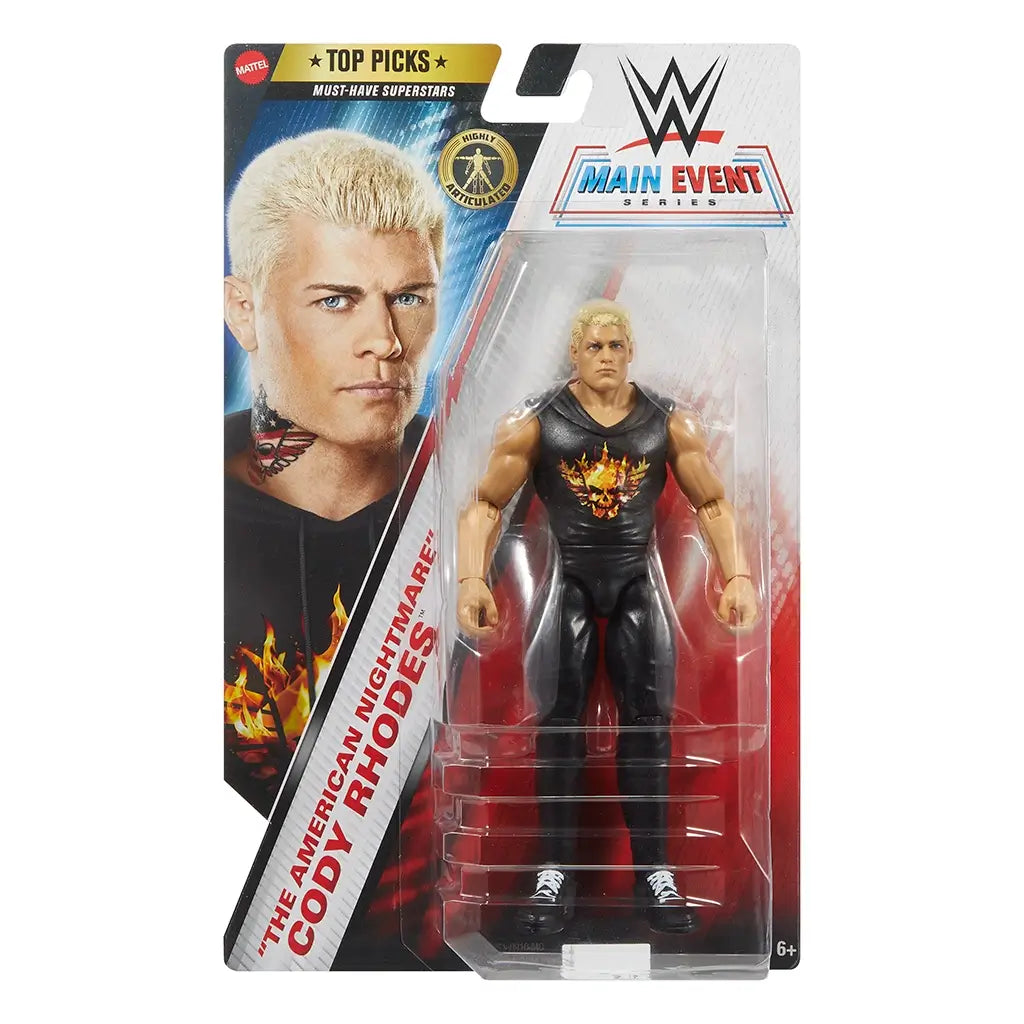 Front of WWE Main Event Series Cody Rhodes figure in clear blister packaging with red and blue graphics, portrait artwork, and “Top Picks The American Nightmare” branding.